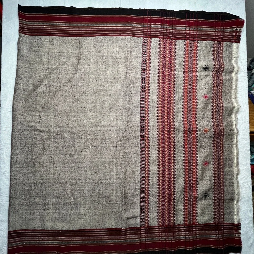 Afghan Patoo Blanket Shawl Grey Burgundy Woven Wool Blend Geometric Wrap